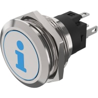 EAO Pushbutton Switch, Illuminated, Mom., 24V DC, Stainless Stl, INFO - BLUE