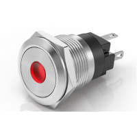 EAO Switch, Pushbtn; Mntd.;250VAC, 5A;Red 12V LED Dot, Flush;SS;16mm Mnt;Sldr tabs