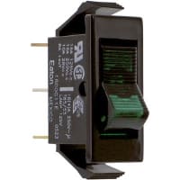 Eaton / Switches Rocker Switch, SPST, ON-NONE-OFF, 125V Neon Lamp, Green Actuator, 16A, 125VAC, .250"QC