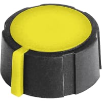 Electronic Hardware Corporation (EHC) Knob, control, soft touch, round, blk & yellow, dia .61in, bush hole sz .25in-D