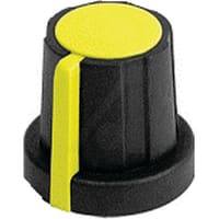 Electronic Hardware Corporation (EHC) Knob, control, soft touch, round, blk & yellw, dia 1.25in, bush hole sz .25in-D