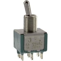 Electroswitch Inc. Switch, Toggle, PCB Mount, 125 VAC, 250 VAC, 28 VDC, DPDT, 10 Milliohms (Max.)