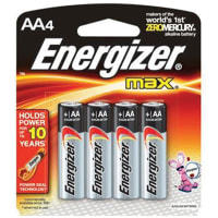 Energizer Battery, Non-Rechargeable, AA, Alkaline Zinc-Manganese Dioxide, 1.5VDC, Flat Top