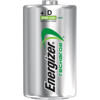 Energizer Battery, Rechargeable, D, Nickel-Metal Hydride, 1.2VDC, 2.5Ah, Flat Top, NH50 Series