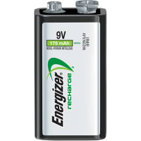 Energizer Battery, Rechargeable, 9V, Nickel-Metal Hydride, 8.4VDC, 150mAh, Snap Connector, NH22