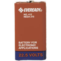 Energizer Battery, Non-Rechargeable, Rectangular, Zinc-Manganese Dioxide, 22.5 VDC, 140mAh