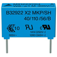 EPCOS Capacitor, 0.15, 305, +/-20, Radial Leaded, 1 @ 1 kHz, 100000, -55 C, +125 C