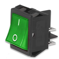 E-Switch Rocker Switch, R5, DPST, ON-OFF, 125V, Neon Green, "I/O", 20A, 125VAC