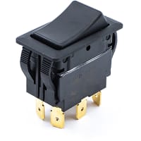 E-Switch Rocker Switch, RVW, DPDT, ON-OFF-ON, Concave, Black Rocker, 20A, 125VAC, .250" Q