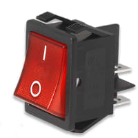 E-Switch Rocker Switch, R5, DPST, ON-OFF, Red Rocker, 125V Neon Red, "I/O", 20A, 125VAC, .250