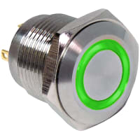 E-Switch Pushbutton, PV6, IP65, SPST-NO, OFF-(ON), Green LED Ring, 2A, 48VDC, Stainless, Solder