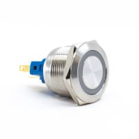 E-Switch Pushbutton, PV7, IP65, DPST, OFF-(ON)/ON-(OFF), Red LED Ring, 2A, 48VDC, SS, Solder