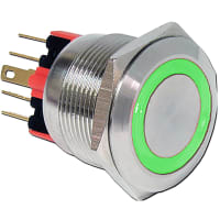 E-Switch Pushbutton Switch, IP65, DPST, OFF-(ON)/ON-(OFF), 24V, 2A, 48VDC, Solder, PV7 Series