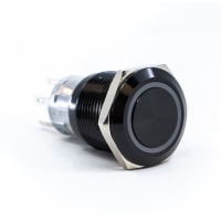 E-Switch Pushbutton, PV4, IP65, DPDT, ON-ON, Blue LED Ring, 2A, 24VDC, Blk Anodized, Gold, Solder