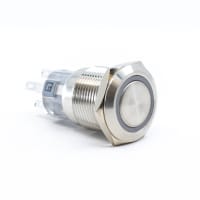 E-Switch Pushbutton, PV4, IP65, DPDT, ON-ON, Blue 2.8VLED Ring, 2A, 24VDC, Stainless, Gold, Solder