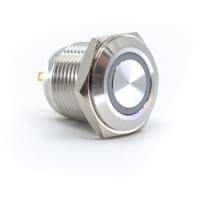 E-Switch Pushbutton, PV6, IP65, SPST-NO, OFF-(ON), White LED Ring, 2A, 48VDC, SS, Gold, Solder