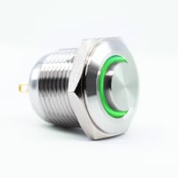 E-Switch Pushbutton, PV6, IP65, SPST-NO, OFF-(ON), Green LED Ring, 2A, 48VDC, Stainless, Solder