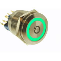 E-Switch Pushbutton, PV7, IP65, DPST, OFF-ON/ON-OFF, Blue Power Logo, 2A, 48VDC, SS, Solder