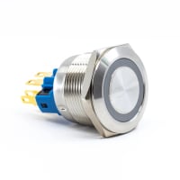 E-Switch Pushbutton, PV7, IP65, DPST, OFF-(ON)/ON-(OFF), 6V R/G/B LED Ring, 2A, 48VDC, SS, Solder