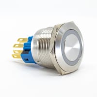 E-Switch Pushbutton, PV7, IP65, DPST, OFF-(ON)/ON-(OFF), 12V R/G/B LED Ring, 2A, 48VDC, SS, Sldr