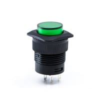 E-Switch Pushbutton Switch, RP3508, SPST-NO, OFF-(ON), Round Grn Cap, Grn LED, 3A, 125VAC, Sldr