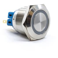 E-Switch Pushbutton, PV8, IP65, DPST, 2P OFF-(ON)/2P ON-(OFF), Grn LED Ring, 2A, 48VDC, SS, Sldr