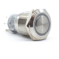 E-Switch Pushbutton, PV4, IP65, DPDT, ON-ON, Blue 12V LED Ring, 2A, 24VDC, Stainless, Gold, Solder