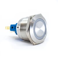 E-Switch Pushbutton, PV7, IP65, DPST, OFF-(ON)/ON-(OFF), White LED Ring, 2A, 48VDC, SS, Solder