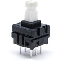 E-Switch Pushbutton Switch, JN Series, DPDT, ON-(ON), White Plunger, 100mA, 30VDC, PC Pin