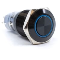 E-Switch Pushbutton, PV3, IP67, SPDT, ON-(ON), Blue LED Ring, 2A, 48VDC, Black Anodized, Solder