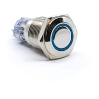 E-Switch Pushbutton, PV3, IP40, DPDT, ON-(ON), Blue LED Ring, 2A, 48VDC, Stainless Steel, Solder