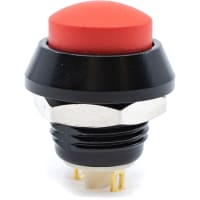 E-Switch Pushbutton Switch, PV5, IP65, SPST-NO, OFF-(ON), Raised Red Actuator, 2A, 36VDC, Solder