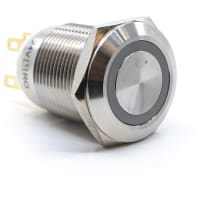 E-Switch Pushbutton, PV4, IP65, DPST, ON-(ON)/OFF-(ON), Blue LED Ring, 2A, 24VDC, Stainless, Sldr