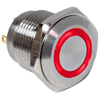 E-Switch Pushbutton, PV6, IP65, SPST-NO, OFF-(ON), Red LED Ring, 2A, 48VDC, Stainless, Solder