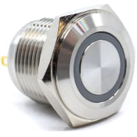 E-Switch Pushbutton, PV6, IP65, SPST-NO, OFF-(ON), R/G LED Ring, 2A, 48VDC, SS, Gold, Solder