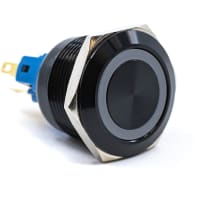 E-Switch Pushbutton, PV7, IP65, DPST, OFF-(ON)/ON-(OFF), 12V R/G/B LED Ring, 2A, 48VDC, Blk, Sldr