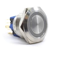 E-Switch Pushbutton, PV9, IP65, 4PST, 2P OFF-(ON)/2P ON-(OFF), Blue LED Ring, 2A, 48VDC, SS, Sldr