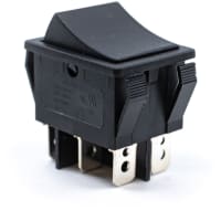 E-Switch Rocker Switch, R5 Series, DPDT, ON-OFF-ON, Concave, Black, 15A, 125VAC, .250" QC