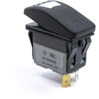 E-Switch Rocker Switch, R7, IP67, SPST, ON-OFF, Convex, Black, Grn 12VDC LED, 16A, 30VDC, .250" Q