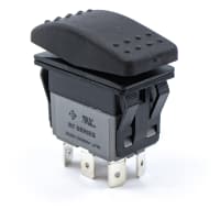 E-Switch Rocker Switch, R7 Series, IP67, DPDT, (ON)-OFF-(ON), Convex, Black, 16A, 30VDC, .250" Q