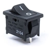 E-Switch Rocker Switch, RA1 Series, SPST, ON-OFF, Concave, Black, "I/O" Vert., 16A, 125VAC, PC