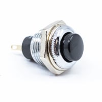 E-Switch Pushbutton Switch, RP3502, Metal, SPST-NC, ON-(OFF), Round Blk Cap, 3A, 120VAC, Solder