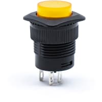 E-Switch Pushbutton Switch, RP3508, SPST-NO, OFF-(ON), Round Ylw Cap, Ylw LED, 3A, 125VAC, Sldr