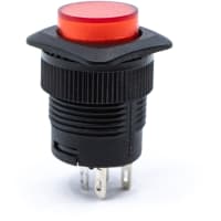 E-Switch Pushbutton Switch, RP3508, SPST-NO, OFF-ON, Round Red Cap, Red LED, 3A, 125VAC, Sldr