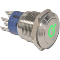 E-Switch Pushbutton, ULV4, IP67, SPDT, ON-(ON), 3V DC Yellow Power Legend, 3A, 250VAC, SS, Solder