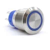 E-Switch Pushbutton, ULV4, IP67, DPDT, ON-(ON), Flat, 3VDC Blue LED, 3A, 250VAC, SS, Solder