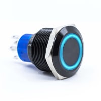 E-Switch Pushbutton, ULV7, IP67, DPDT, ON-(ON), 3VDC Blue LED Ring, Black, 3A, 250VAC, Solder