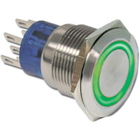 E-Switch Pushbutton, ULV7, IP67, DPDT, ON-(ON), Flat, 3VDC Blue LED Ring, 3A, 250VAC, SS, Solder