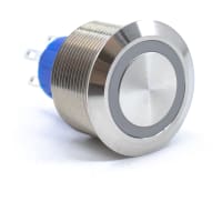 E-Switch Pushbutton, ULV8, IP67, DPDT, ON-(ON), Flat, 3VDC Blue LED Ring, 3A, 250VAC, SS, Solder