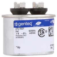 Genteq Capacitor, Polypro Metallized, Cap 2 uF, Tol 6%, 440 AC, QC, Motor Run, Oval